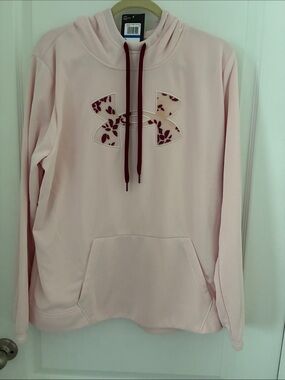 Under Armour Light Pink Pullover Hoodie with Floral Logo and Maroon Drawstrings